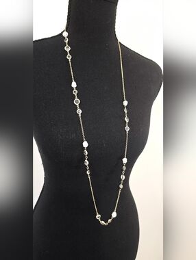 Gold Pearl Crystal Necklace Long Layered Chain Beaded Dainty Feminine Career
